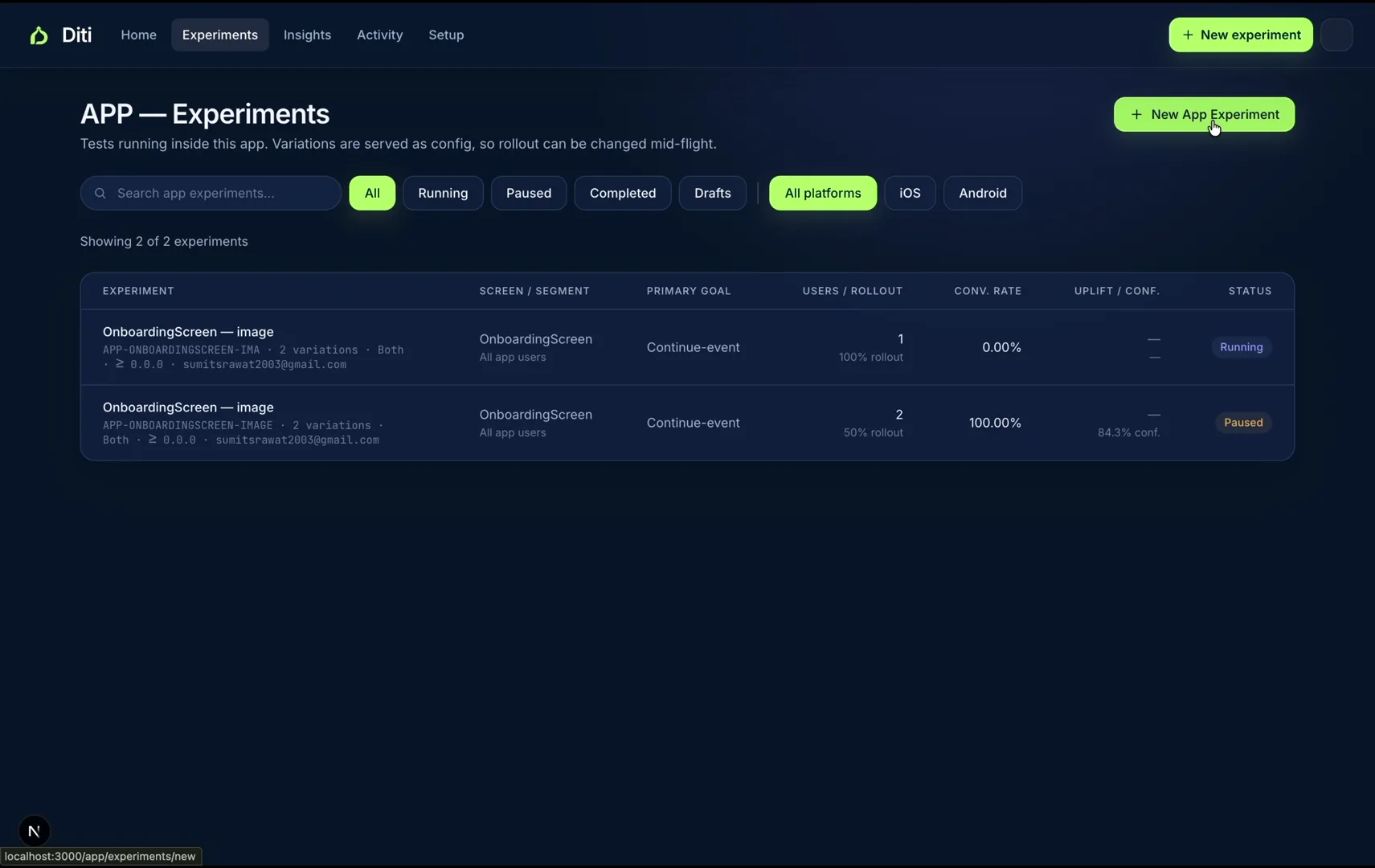 Diti app experiments dashboard with the New App Experiment button highlighted