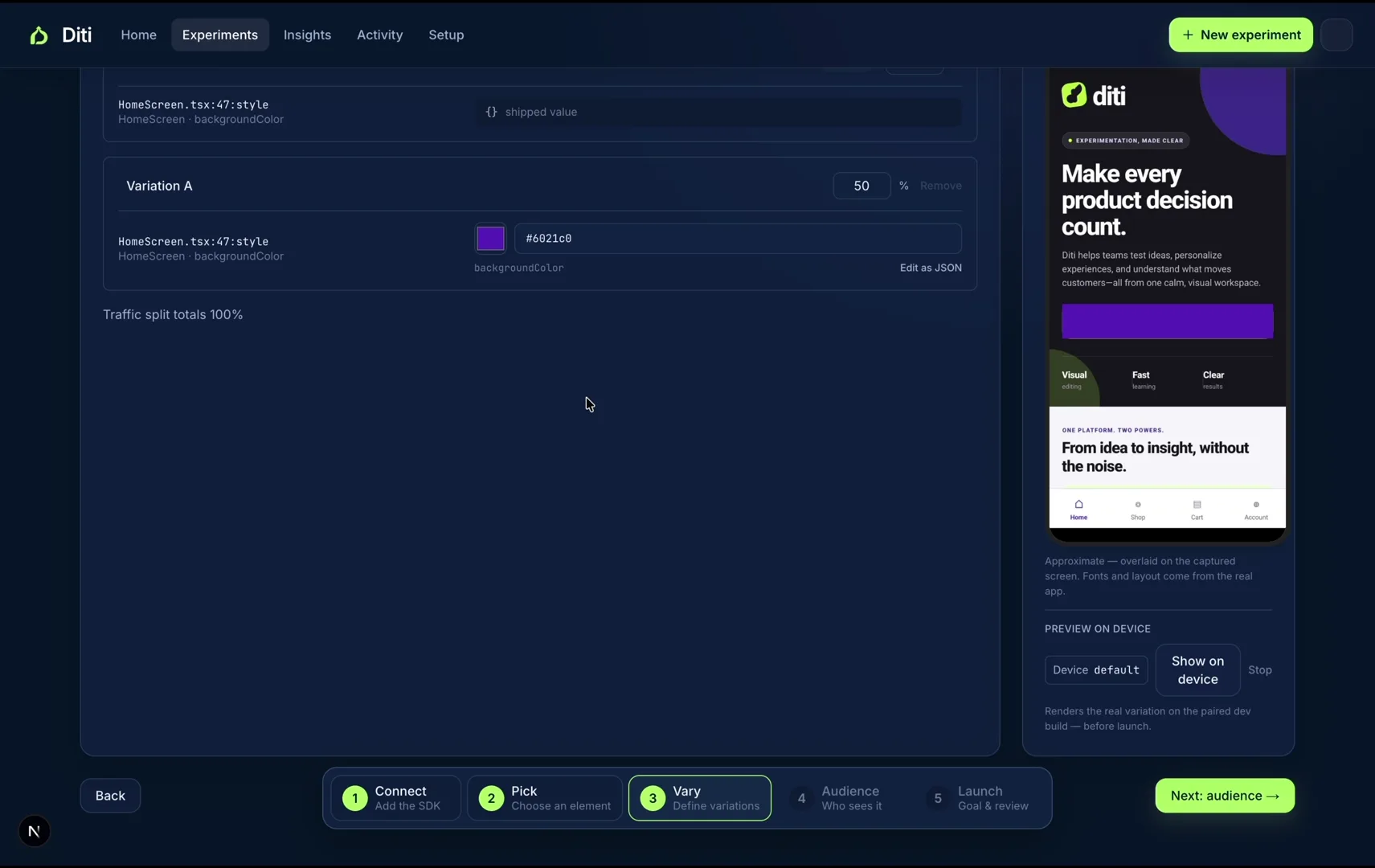 Diti React Native A/B testing workspace showing a variation, traffic allocation, and on-device preview controls.