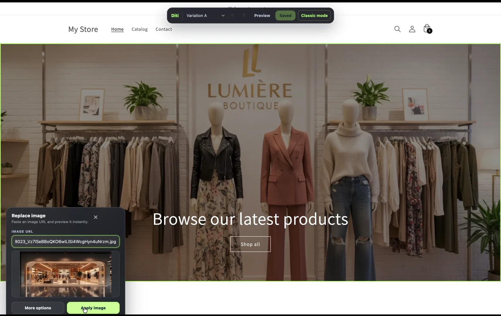 Diti website A/B testing visual editor replacing a storefront hero image in Variation A.