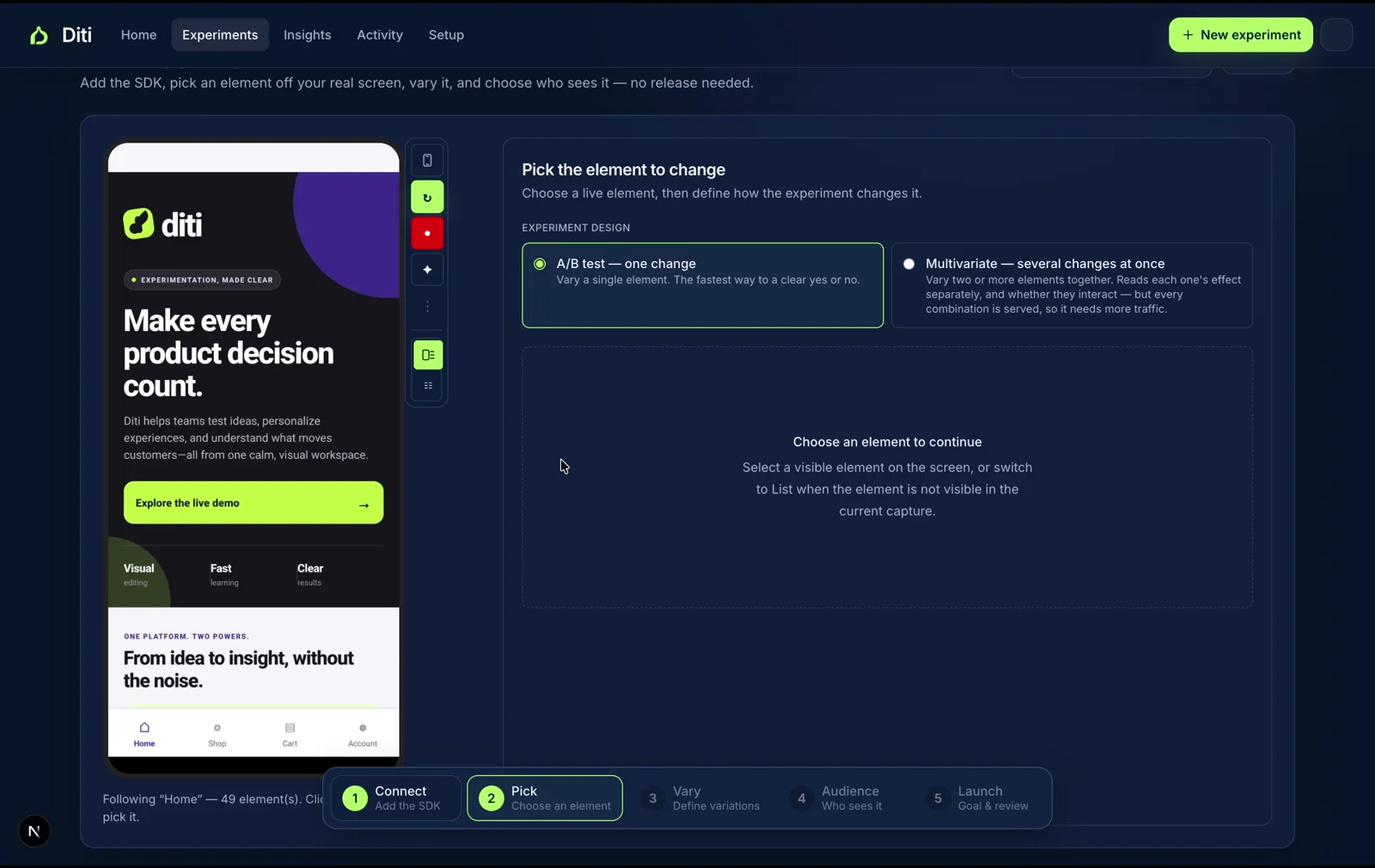 Diti workspace with a live product screen and an experiment setup panel for selecting an element to change.